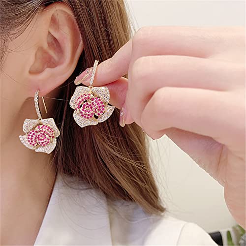 Huggie CZ Flower Dangle Stud Earrings for Women Girls with Charms Fashion Luxury Pave Rhinestone Filigree Camellia Rose Dainty Crystal Drop Dangling Wedding Prom Jewelry Dainty Gifts Valentine Mother's Day3