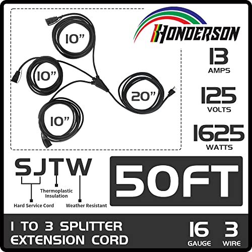 Honderson 3 Direction Outdoor Extension Cord 1 To 3 Splitter,3 Prong Outlets Plugs,Max 30Ft End To End(50Ft Total),16/3 Sjtw Weatherproof Wire For Holiday Decoration Light,Ul Listed #TOP1