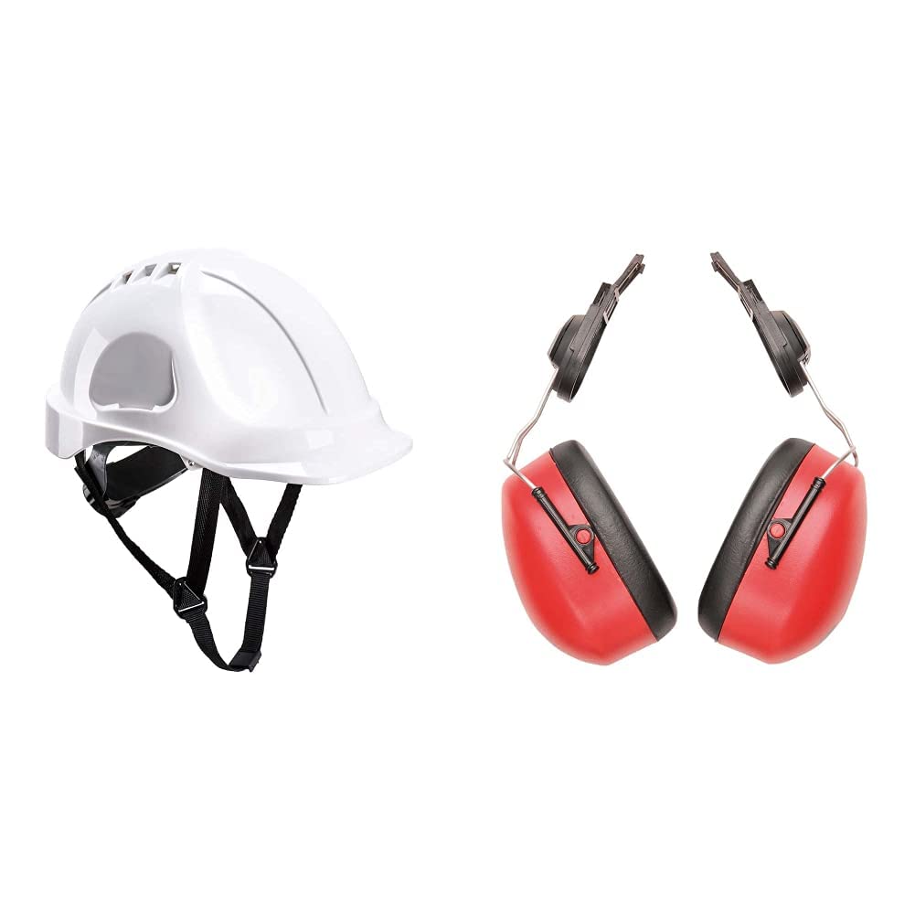 PortwestEndurance Helmet, Size: One Size, Colour: White, PS55WHR & Endurance Clip-On Ear Protector, Size: One Size, Colour: Red, PW47RER