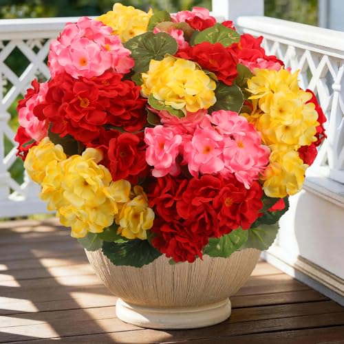 Artificial Flowers for Outdoor, UV Resistant Realistic Geranium Fake Flowers-Faux Flowers for Outdoor planters, Garden, Porch, Patio, Window Box Home Decor All Year Round (6, yellow+red+Pink)