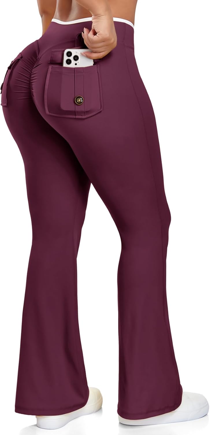 SEASUM V Wasist Flare Leggings with Pockets for Women White Trim Scrunch Workout Leggings Butt Lifting Gym Yoga Pants