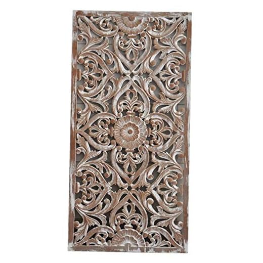 Dynasty Indian Tallado a mano de madera de mango macizo indio rectangular de pared tallado panel de cama cabecero blanco acabado 62.9 pulgadas de A.S Industries.