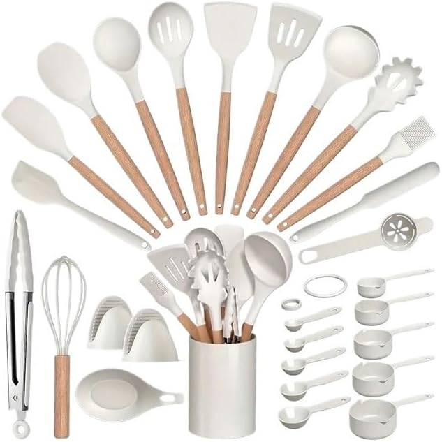 28piece Wooden Handle Silicone Kitchenware Kitchen Set Non stick Pans Spatulas Soup Spoons Tools