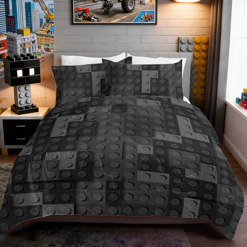 BlessLiving Kids Building Blocks Comforter Set, Black & Grey