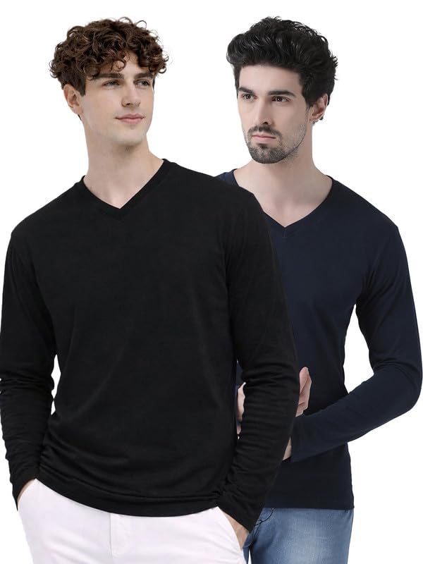 Men's Pack of 2 V-Neck Full Sleeves Cotton T-Shirt - Casual T-Shirt, Regular Fit (Black Combo)-image-22