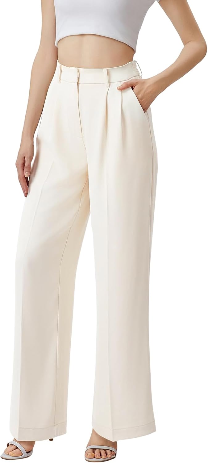 Wide Leg Pants for Women High Waisted Trousers with Pockets Women's Comfortable Work Pants Business Casual Pants Beige (Slightly See-through) Large