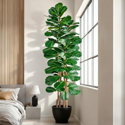 Image of Artificial Fiddle Leaf Fig Tree 6FT, Faux Fig Tree Indoor with Natural Wood Trunk & Realistic Leaves with Moss Pot Fake Ficus Tree Large Faux Floor Plant for Living Room Home Decor, House Plant