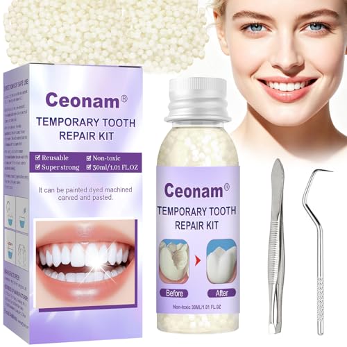 1.0oz / 30ml Moldable Tooth Repair Kit with Stainless Steel Tweezer and Dental Pick Temporary Teeth Replacement Beads in Natural Color for Broken or Missing Teeth Denture Repair and DIY Oral Care