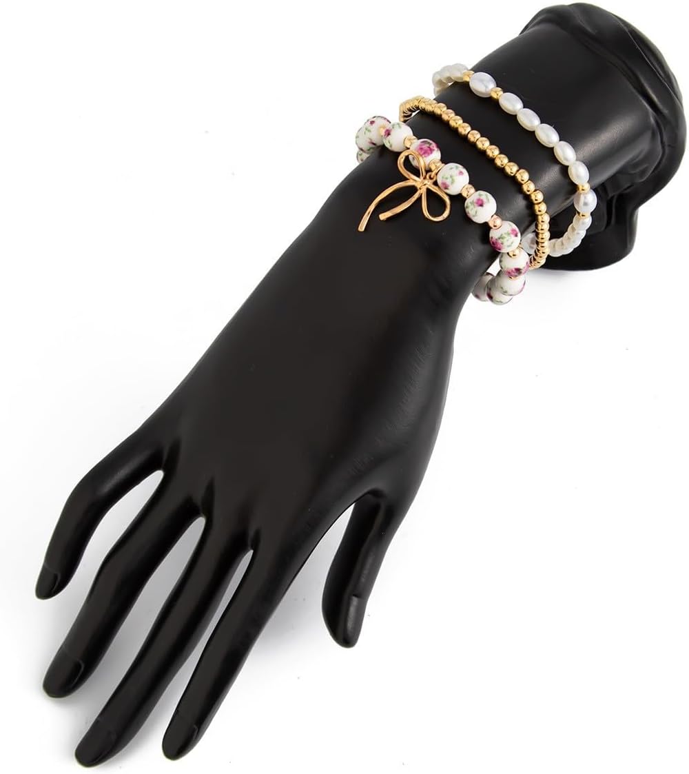 5Pcs Sweet Bowknot Crystal Beaded Bracelet Set, Colorful Multilayer Stackable Stretch Wristlets for Women, 4-Leaf Clover & Pink Bow Charms, Ideal Birthday & Christmas Gifts for Her - Image 6