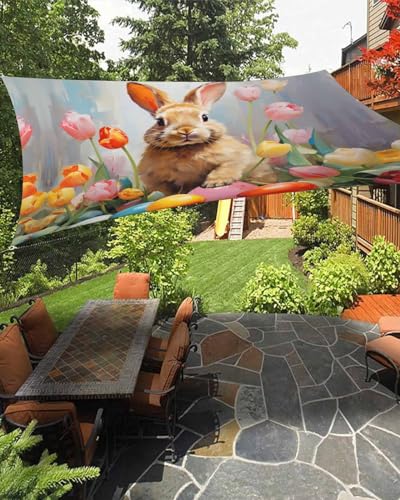 Boanket Sun Shade Sail 14' x 18', Watercolor Easter Large Heavy Duty Outdoor Shades Sun Screen, Colorful Spring Floral Bunny Eggs Shade Cloth for Patio Deck Terrace Garden Lawns Beach Backyard