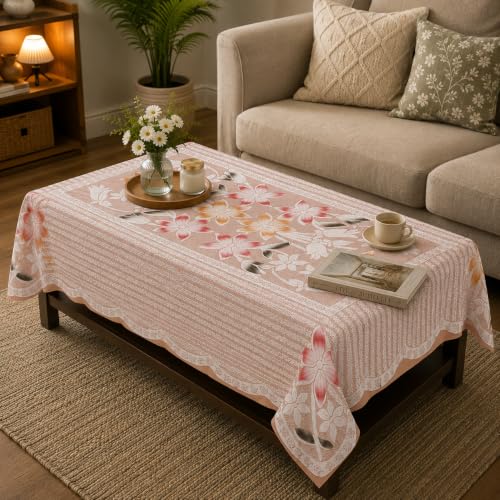 Image of STITCHNEST Gulnar Beige Cotton Net Table Cover 40x60 Inches