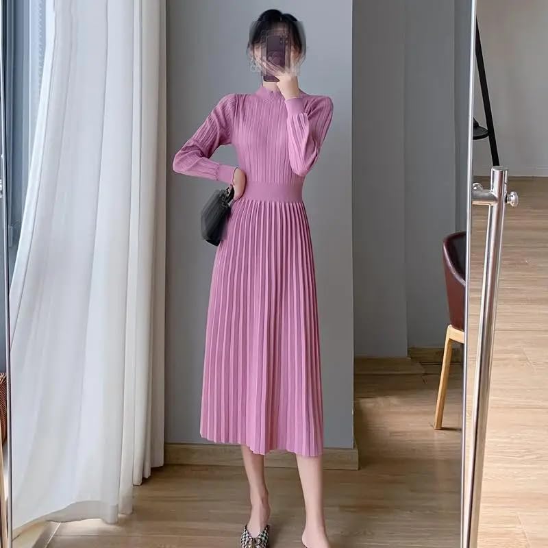 Vestido de punto de manga larga y cintura alta para mujer, vestido midi plisado para otoño e invierno