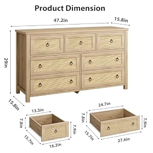 Rattan 7 Dresser for Bedroom, 47.2" Wide Dresser, Boho Wide Drawer Dresser with Storage, Wooden Closet Dressers Chest of Drawers Freestanding for Bedroom, Nursery, Living Room, Natural Rattan 7 Dresser for Bedroom 472 Wide Dresser Boho Wide Drawer Dresser with Storage Wooden Closet Dressers Chest of Drawers Freestanding for Bedroom Nursery Living Room Natural