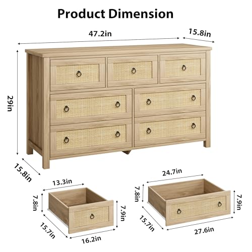 Rattan-7-Dresser-for-Bedroom-472-Wide-Dresser-Boho-Wide-Drawer-Dresser-with-Storage-Wooden-Closet-Dressers-Chest-of-Drawers-Freestanding-for-Bedroom-Nursery-Living-Room-Natural Rattan 7 Dresser for Bedroom 472 Wide Dresser Boho Wide Drawer Dresser with Storage Wooden Closet Dressers Chest of Drawers Freestanding for Bedroom Nursery Living Room Natural