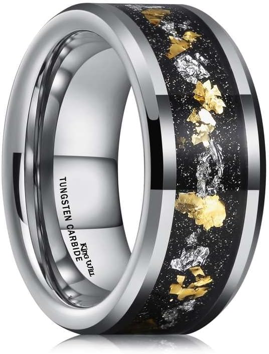 King Will Nature Mens 8mm Black/Silver Tungsten Carbide Wedding Ring with Black and Gold Foils Inlay Beveled Edge