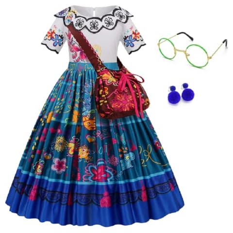 Mirabel Dress Costume for Girls Madrigal Cosplay Halloween Princess Dress Up with Mirabel Glasses Earrings Bag 150 Cover