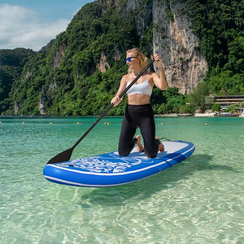 FEATH-R-LITE Inflatable Paddle Board Stand Up Paddleboards for Adults SUP with Premium Accessories Pump, Adjustable Paddle, Leash, Three Fins, Backpack (Dark Blue)