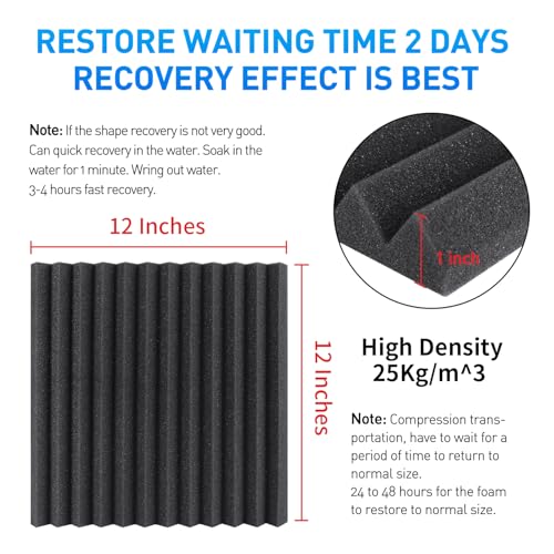 Image of Focusound 120 Pack Acoustic Foam Panels 1 inch x 12 inch x 12 inch Sound Proof Foam Panels Soundproofing Noise Cancelling Wedge Panels for Home Office Recoding Studio with 600 PCS Double-Side Adhesive