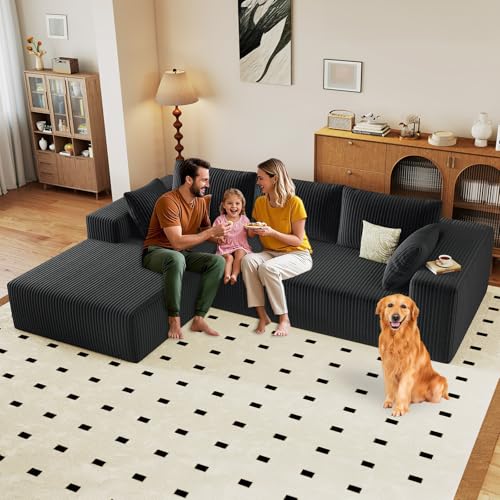Image of 96 inch Modular Sectional Sofa, Modern Corduroy Cloud Couch with Deep Seat, Boneless Couch Upholstered 3-Seater L-Shaped Sofa for Living Room, No Assembly Required (Black, Left-Facing Chaise)