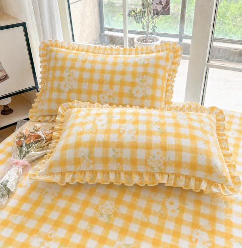 Image of VOMZER King Size (72x78) 300 TC Soft Cotton Feel Microfiber All Around Elastic Fitted Double Bedsheet with 2 Frill Pillow Covers | Yellow Check