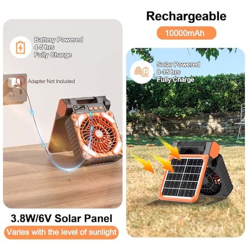 Clemas Camping-Ventilator mit Licht, batteriebetriebener und solarbetriebener Ventilator, 10.000 mAh, wiederaufladbare Ventilatoren, Ventilador für Zelte, Zuhause und Outdoor-Aktivitäten, bleiben Sie – Bild 3