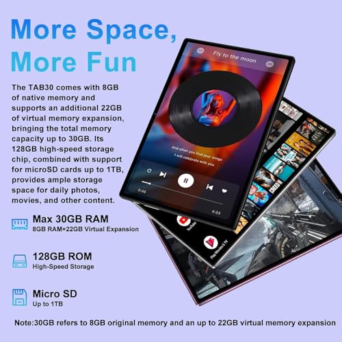 Image of 2026 Android 15 Tablet, 10.1 inch IPS HD Tablet with Keyboard & Mouse, 30GB RAM+128GB ROM (Expand to 1TB), Widevine L1, 8000mAh Battery, 5MP+8MP Dual Camera, 2.4G /5G WiFi, Bluetooth 5.0, GPS - Metal Black
