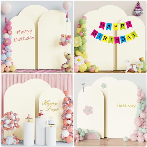 Image of Wokceer Wedding Arch Backdrop Cover (8FT, 7.2FT, 6.6FT) Set of 3 Spandex Fitted Wedding Arch Stand Covers Round Top Chiara Backdrop Stands Cover for Birthday Party Ceremony Banquet Decor Ivory