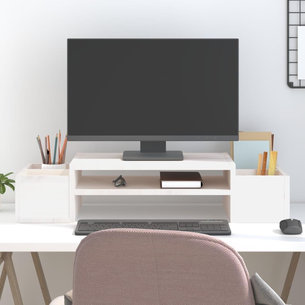 Soporte para monitor de madera maciza, color blanco, 70 x 27,5 x 15 cm, con estante para ordenador, portátil, PC, ajuste de altura ergonómico, soporte estable, ideal para oficina en casa