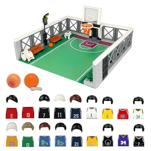 Basketball Court Building Block Set, with 18 Sport Figures, Compatible with Lego 853792 Accessory, Basketball Accessory with Solt Can Be Held, Bench, Hoop, for Basketball Fans