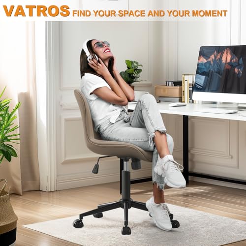 Image of Armless Office Chair, Height Adjustable Desk Chair with Wheels, Ergonomic Comfy 360 Swivel Home Office Computer Task Chair, Faux Leather Padded Cute Vanity Chair, Khaki