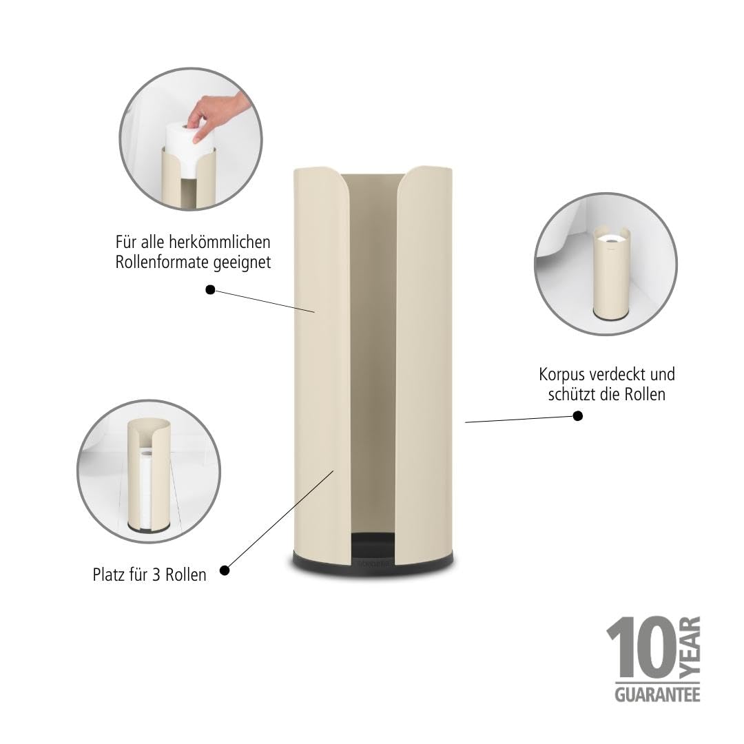 Brabantia - Renew Toilettenpapierspender - für 3 Ersatzrollen - für alle Gängigen Rollengrößen - Rutschfester Boden - Korrosionsbeständig - Badezimmerzubehör - Soft Beige - 13,2 x 13,2 x 32,1 cm