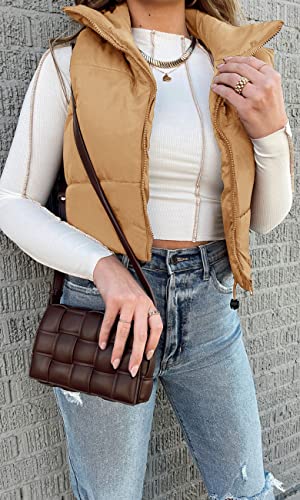 Merokeety Women's Crop Puffer Vest Lightweight Stand Collar Sleeveless Zip Up Padded Gilet Coat,Khaki,S #TOP6