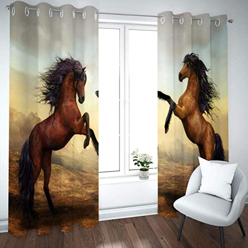 Two Brown Animal Horses Pattern Blackout Curtains, 3D Printed Top Grommet Drapes, 2 Panel Thermal Insulated Window Curtain For Bedroom Living Room Home Decor (108" W X 84" L) #TOP2