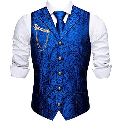 Image of Barry.Wang Men Blue Black Paisley Tailored Collar Suit Vest Silk Jacquard Waistcoat Tie Clip Set for Tuxedo