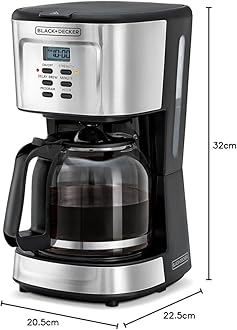 BLACK+DECKER 12-Cup Coffee Maker, 900W Programmable Drip Coffee Machine, 1.5L Glass Carafe, 24-Hour Timer, Keep Warm Function, LCD Display, Auto Shut-Off, Boil Dry Protection, Black - DCM85-B5