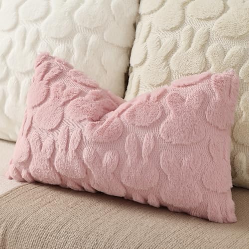 Image of decorUhome Easter Bunny Pillow Covers 12x20 Inch Set of 2, Soft Plush Faux Wool Jacquard Pink Rabbit Cushion Covers, Farmhouse Neutral Spring Easter Holiday Decor for Couch Sofa Bed