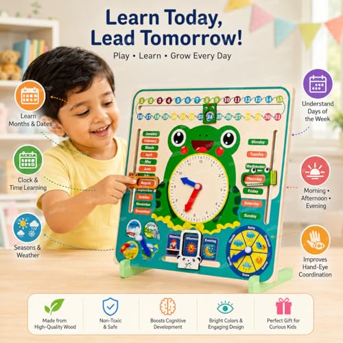 Image of Zest 4 Toyz Wooden Calendar Clock Toy for Kids Learning Calendar Board with Months Days Seasons Weather Shape Recognition Educational Toys for Kids Montessori Preschool Activity Toy for Kids 3+ Years