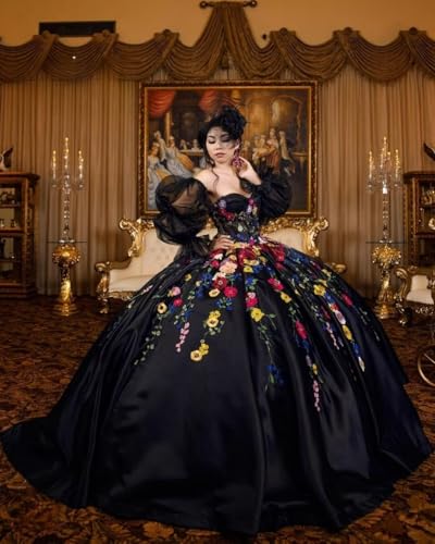 Mouccy Princess 3D Flower Quinceanera Dresses Ball Gown Satin Long Sleeve XV Dresses Beaded Puffy Sweet 16 Dress with Train3