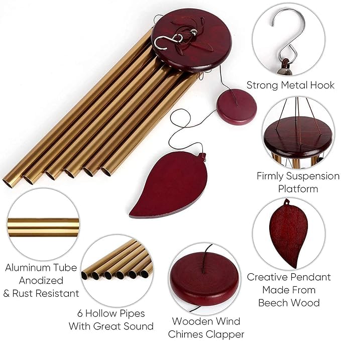 Image of Wind Chimes for Balcony & Home Decor, Metal Tubes Hanging Bells with Melodious Sound, Outdoor Garden Wind Chime, Sympathy Memorial Hanging 6 Pipe Decorative Wind Chime for Positive Energy