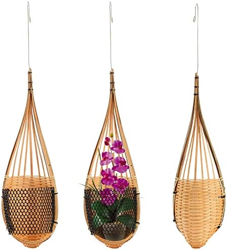 CAPRIZ Hanging Orchid Planter, 3 Pack Bamboo Woven 5 Inch Orchid Hanging Baskets with Metal Hook, Modern Wall & Ceiling Plant Holder Flower Pot for Trellis Gazebo Indoor/Outdoor Flower Planter
