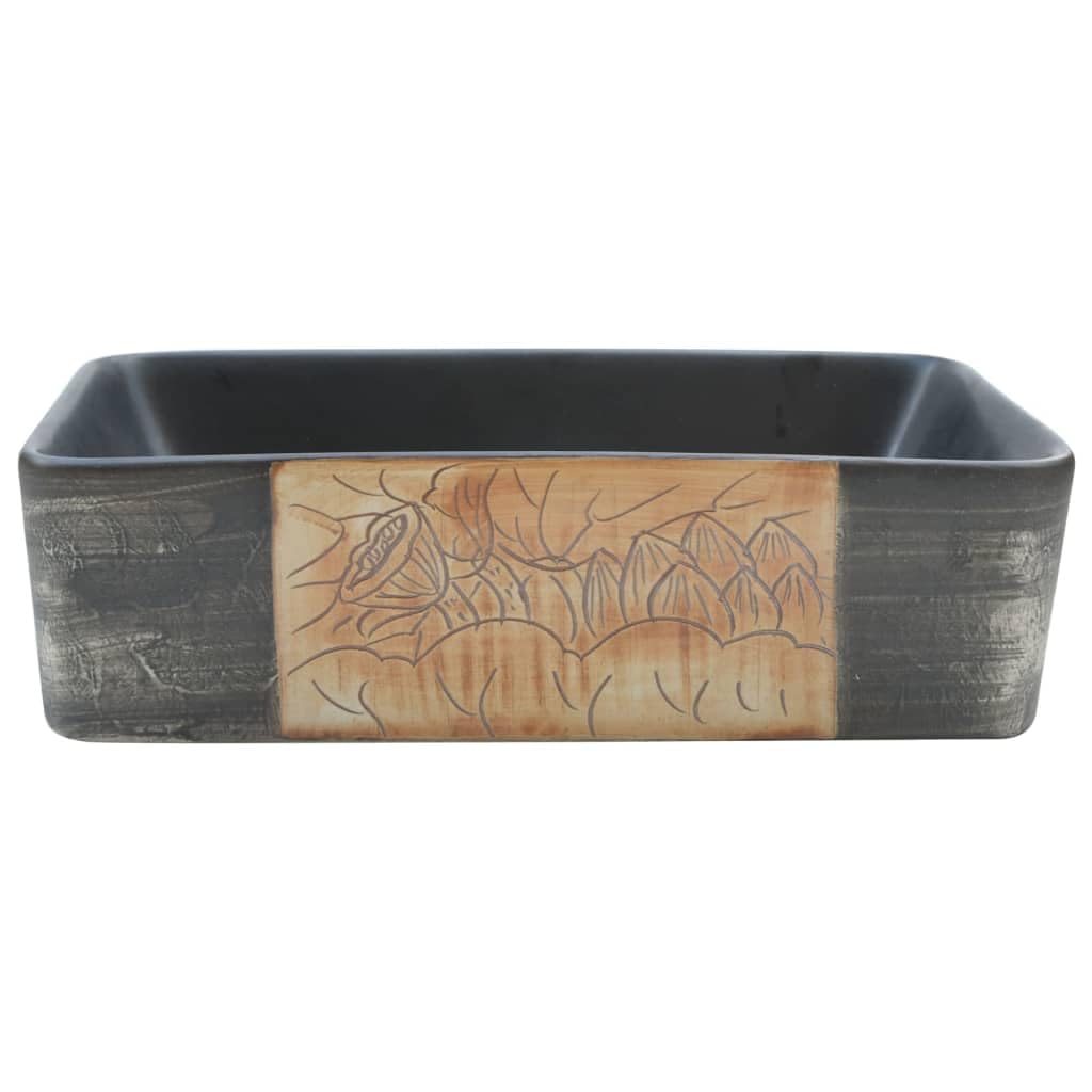 Umywalka nasadowa ceramiczna, czarna, brązowa, prostokątna, 46 x 35,5 x 13 cm, z otworem odpływowym, zajmuje mało miejsca i jest łatwa w utrzymaniu, do łazienki, łazienki dla gości i umywalki