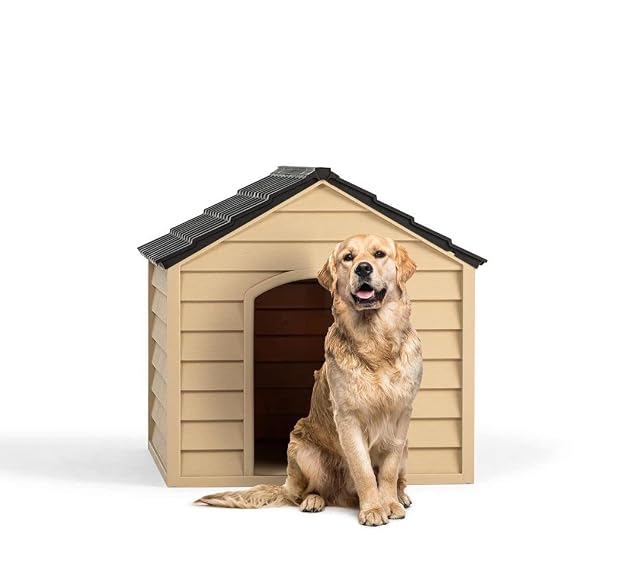 Caseta de plástico para mascotas, uso exterior, color marrón