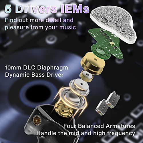 Image of BASN Bmaster5 in Ear Monitors, 1DLC Diaphragm+4BA 5 Drivers IEM Earphones with Silver-Plated OFC Cable, Noise Isolation Wired Earbuds for Musicians (Silver)