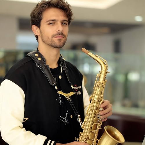 JIAMIAN Saxophon-Schultergurt, Universal Doppel-Schultergurt aus Leder für Saxofon, Saxophongurt aus Leder mit Verbreiterte Schulterpolster und Verstellbare Schnalle für Jeden Saxophonisten (golden)