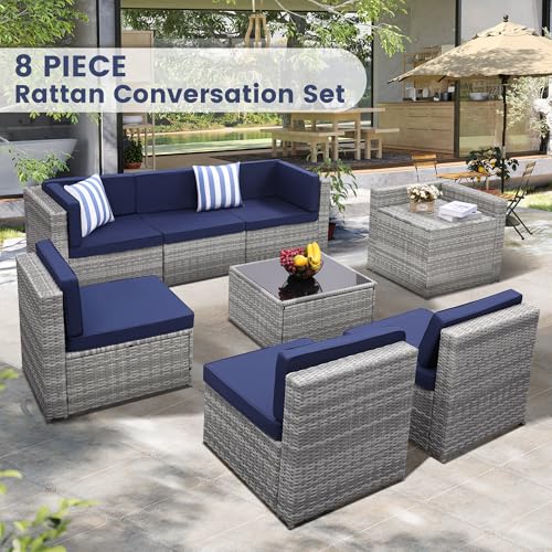 Image of KROFEM 8 Piece Patio Furniture Set, Outdoor Modular Conversation Set | UV Treated Wickers, Machine Washable Cushions, Seats 6, 2 Hidden Storage Compartments, Rustproof Frame, Waterproof, Blue