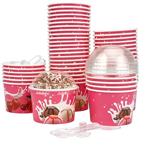 GLAITC Eisbecher aus Pappe,50 Pcs Eiscreme Becher Container 130ml Wiederverwendbare Papier Eiscreme Wannen Suppe Container Cover