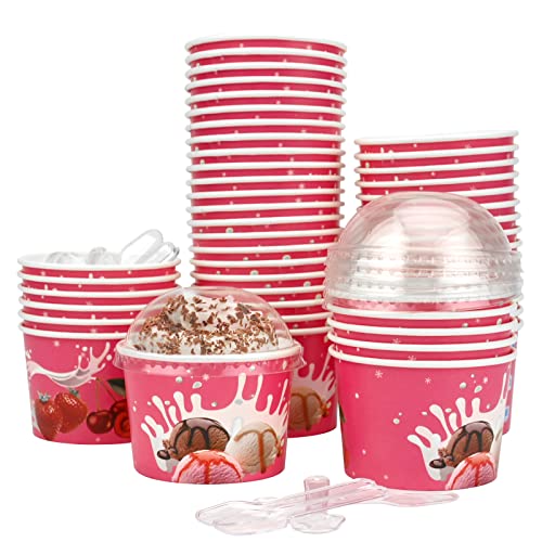 GLAITC Eisbecher aus Pappe, 50 Stück Wiederverwendbare Container 130ml Mit Deckel und Schaufeln für Eiscreme, Gefrorenen Joghurt, Suppe (Rosa)