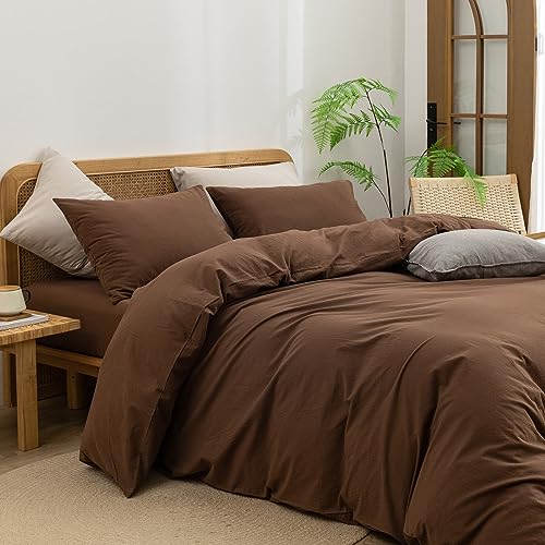 Image of BESTOUCH Cotton Solid Duvet Cover Set Cocoa Brown California King | 100% Washed Cotton, Soft Wrinkle Texture, Hidden Zipper, 8 Ties, Breathable Lightweight Durable Comfy, 3 Pcs No Insert