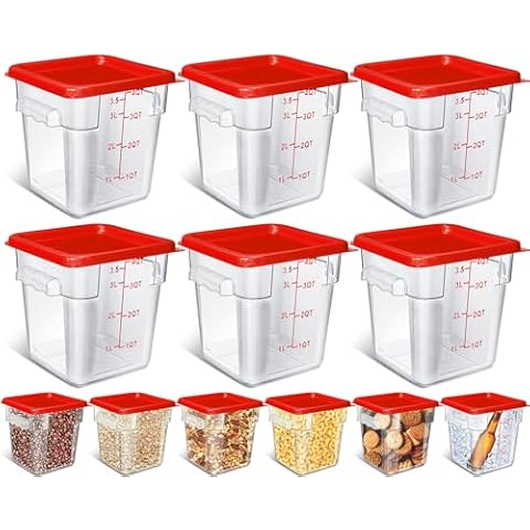 Yungyan 6 Pcs Commercial Food Storage Containers 4 Qt Square Acrylic Airtight Food Storage Containers with Lids Clear Cereal Storage Containers for Pantry Kitchen Restaurant Freezer Flour Sugar (Red) Cover