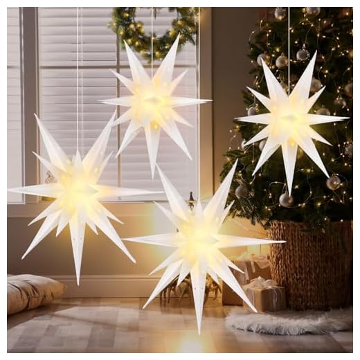 Cinnvoice 4 Pcs Christmas Moravian Star Lights Xmas Hanging Moravian Star Paper Lanterns with White Warm LED Lights for Christmas Winter Wedding Indoor Ceiling Window Porch Decor, 14" and 21"